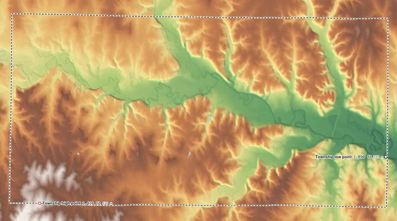 Topographic elevation map of Center Township, Riley County, Kansas, shaded from 1,090 ft on the east side to 1,410 ft on the southwest side