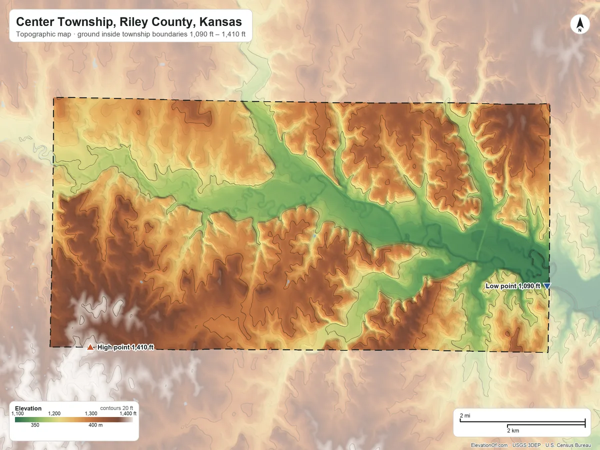 Topographic elevation map of Center Township, Riley County, Kansas, shaded from 1,090 ft on the east side to 1,410 ft on the southwest side