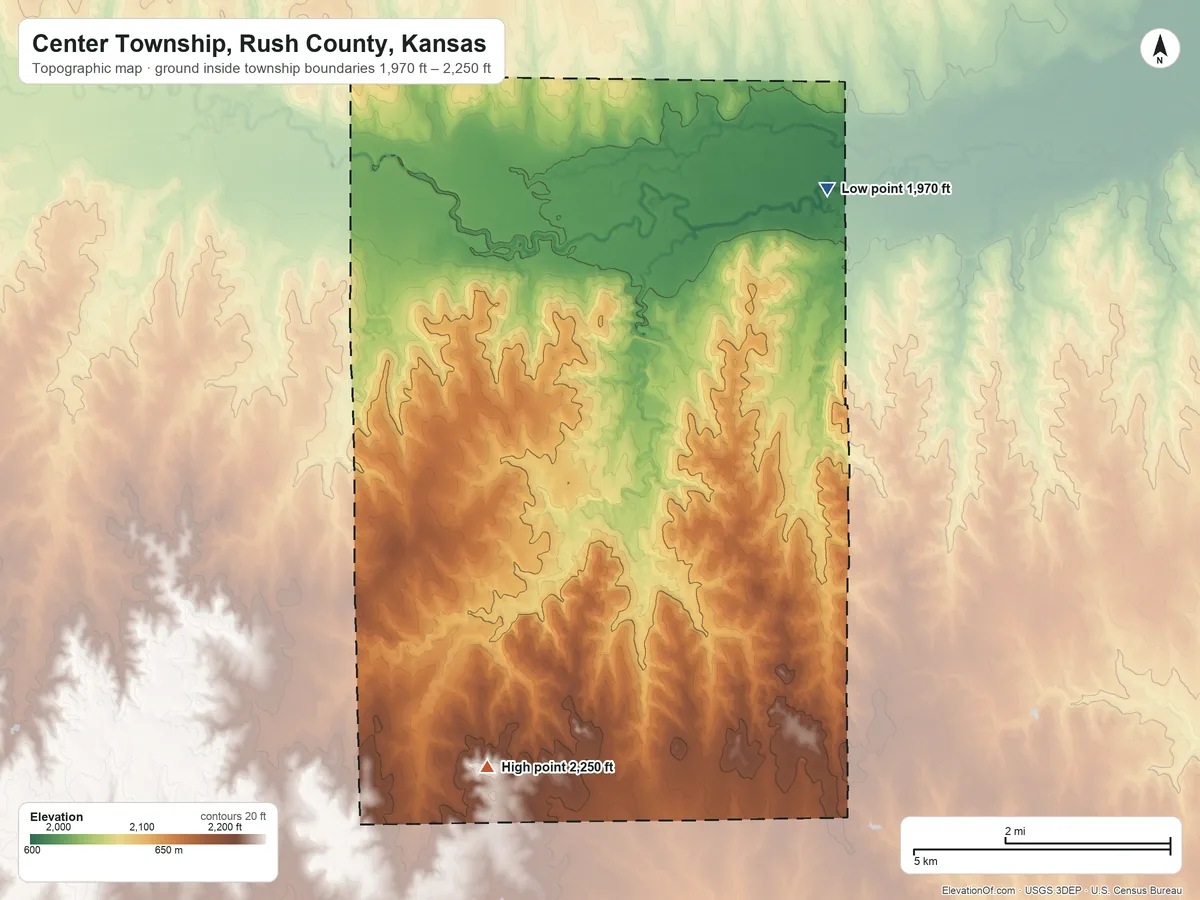 Topographic elevation map of Center Township, Rush County, Kansas, shaded from 1,970 ft on the east side to 2,250 ft on the south side