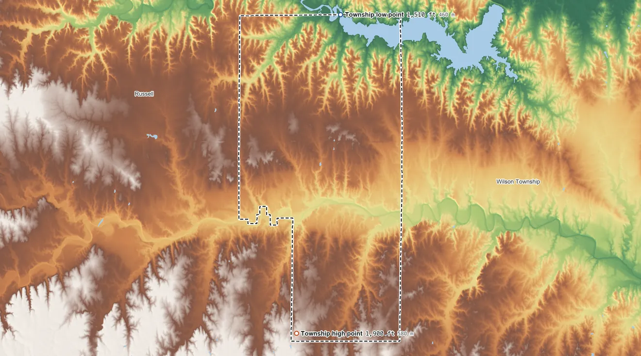 Topographic elevation map of Center Township, Russell County, Kansas, shaded from 1,510 ft on the north side to 1,900 ft on the south side