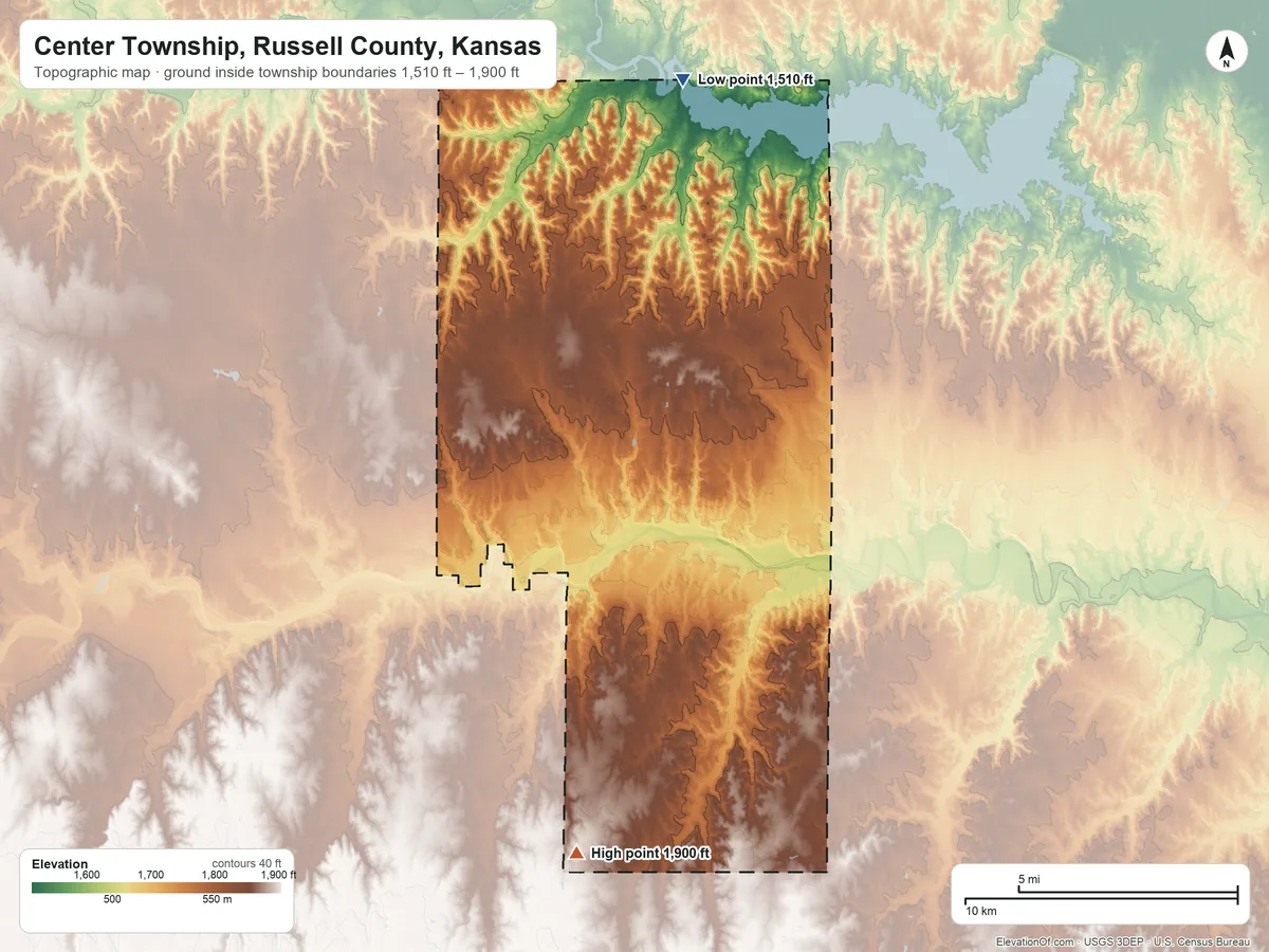 Topographic elevation map of Center Township, Russell County, Kansas, shaded from 1,510 ft on the north side to 1,900 ft on the south side