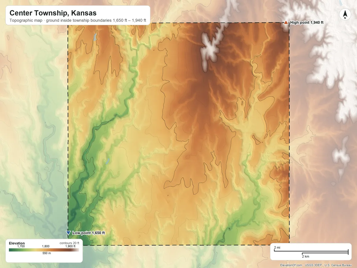 Topographic elevation map of Center Township, Kansas, shaded from 1,650 ft on the southwest side to 1,940 ft on the northeast side