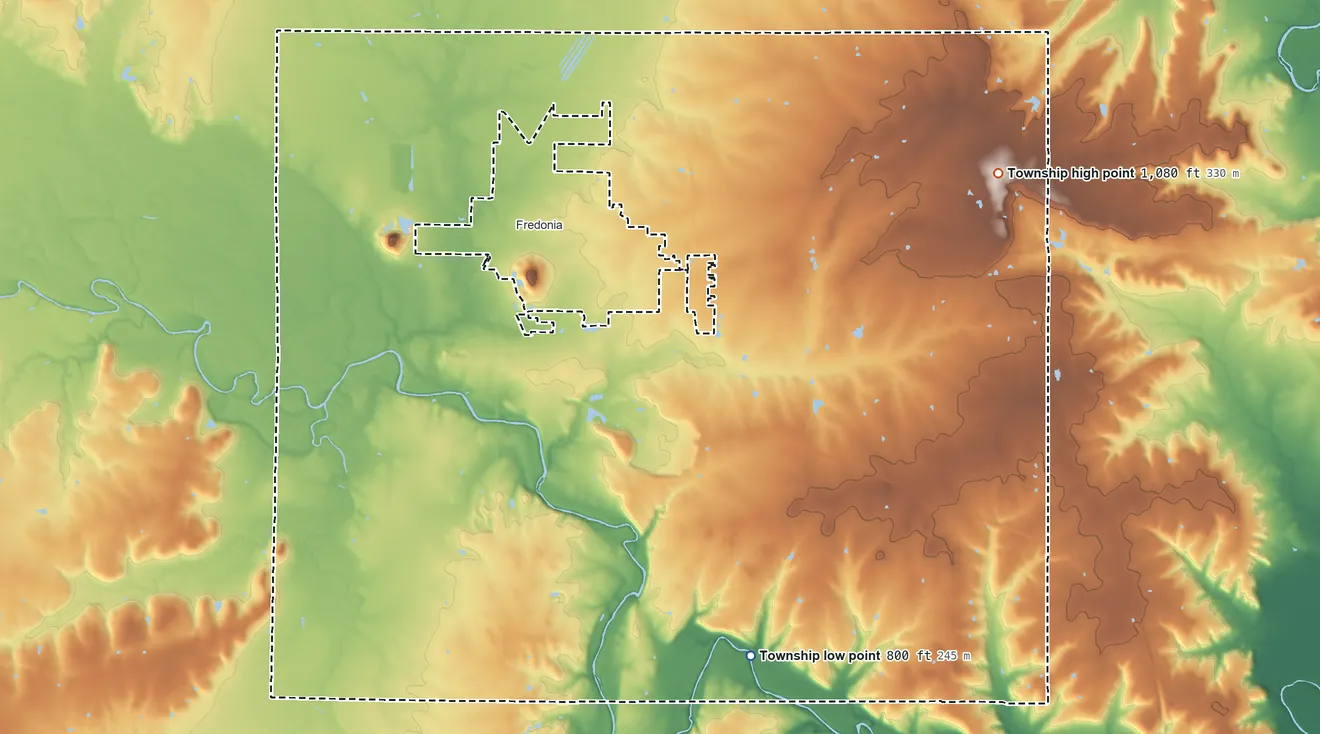 Topographic elevation map of Center Township, Wilson County, Kansas, shaded from 800 ft on the south side to 1,080 ft on the northeast side
