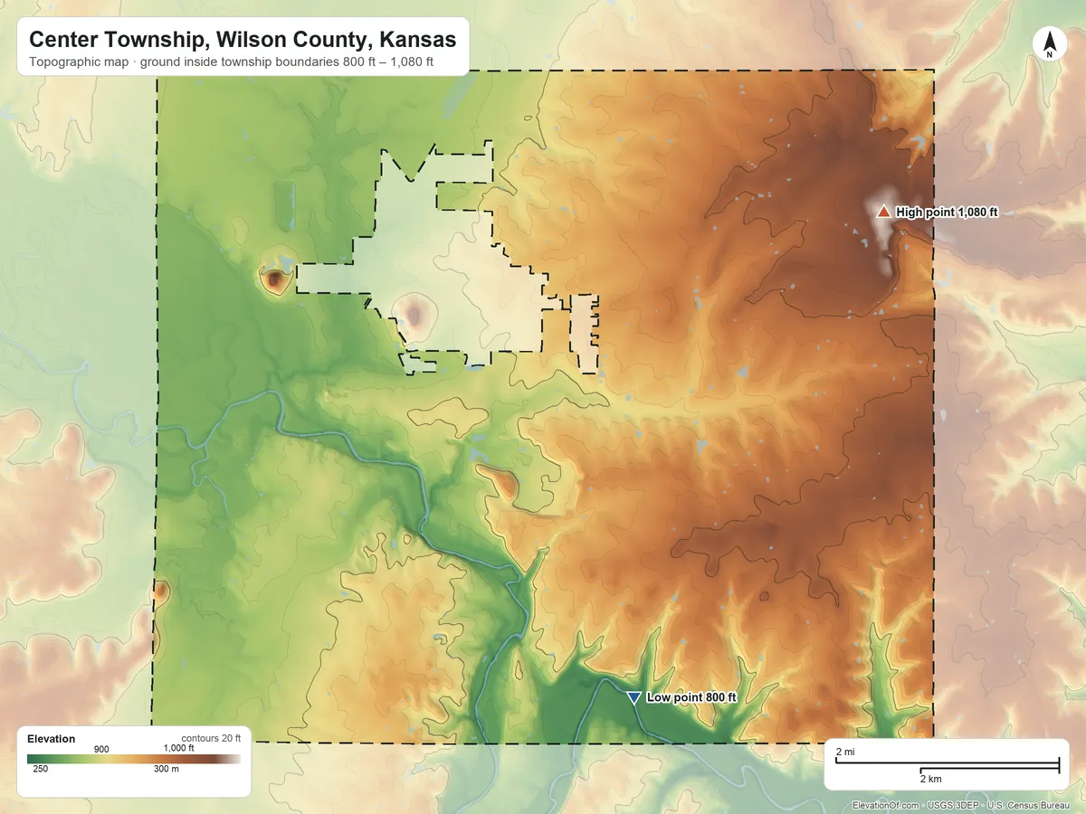 Topographic elevation map of Center Township, Wilson County, Kansas, shaded from 800 ft on the south side to 1,080 ft on the northeast side