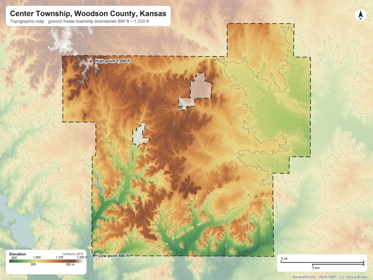 Topographic elevation map of Center Township, Woodson County, Kansas, shaded from 880 ft on the southwest side to 1,200 ft on the northwest side