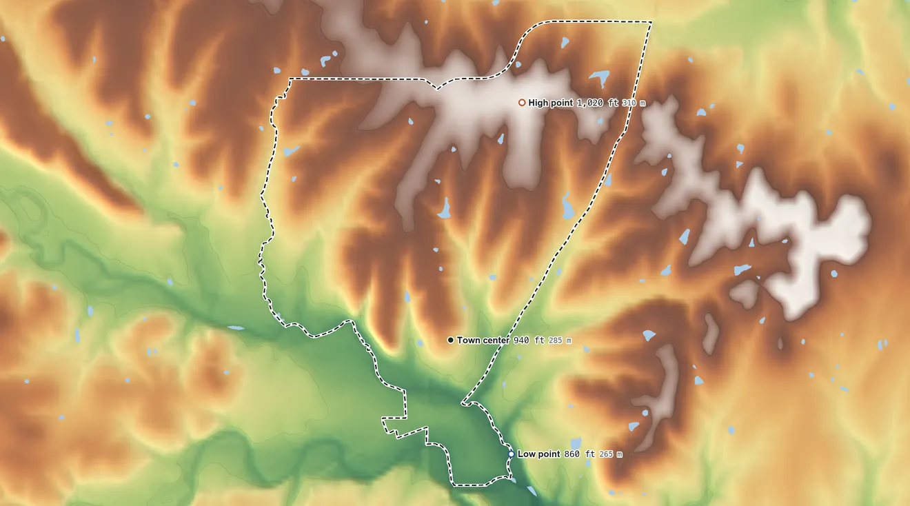 Topographic elevation map of Centerville, Kansas, shaded from 860 ft on the southeast side to 1,020 ft on the north side