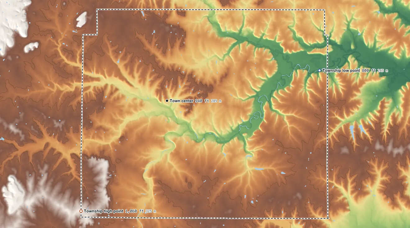 Topographic elevation map of Centerville Township, Linn County, Kansas, shaded from 800 ft on the east side to 1,060 ft on the southwest side