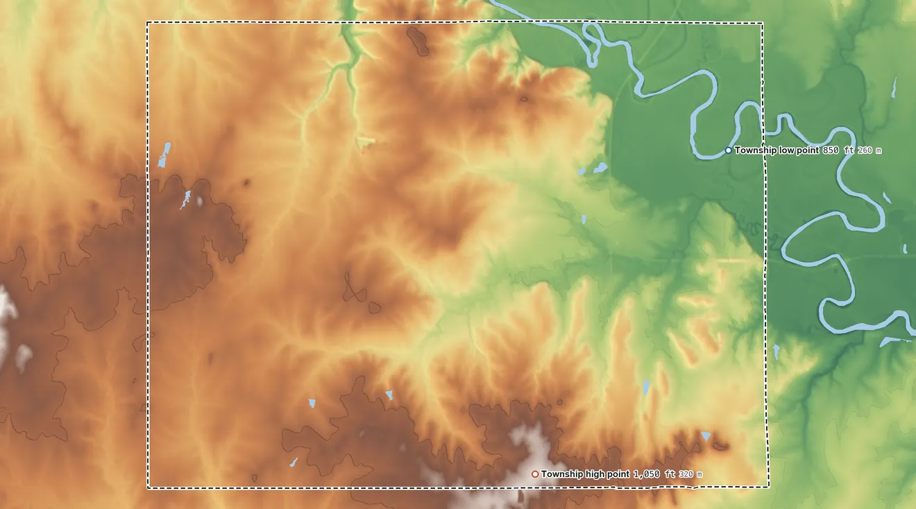 Topographic elevation map of Centerville Township, Kansas, shaded from 850 ft on the northeast side to 1,050 ft on the southeast side