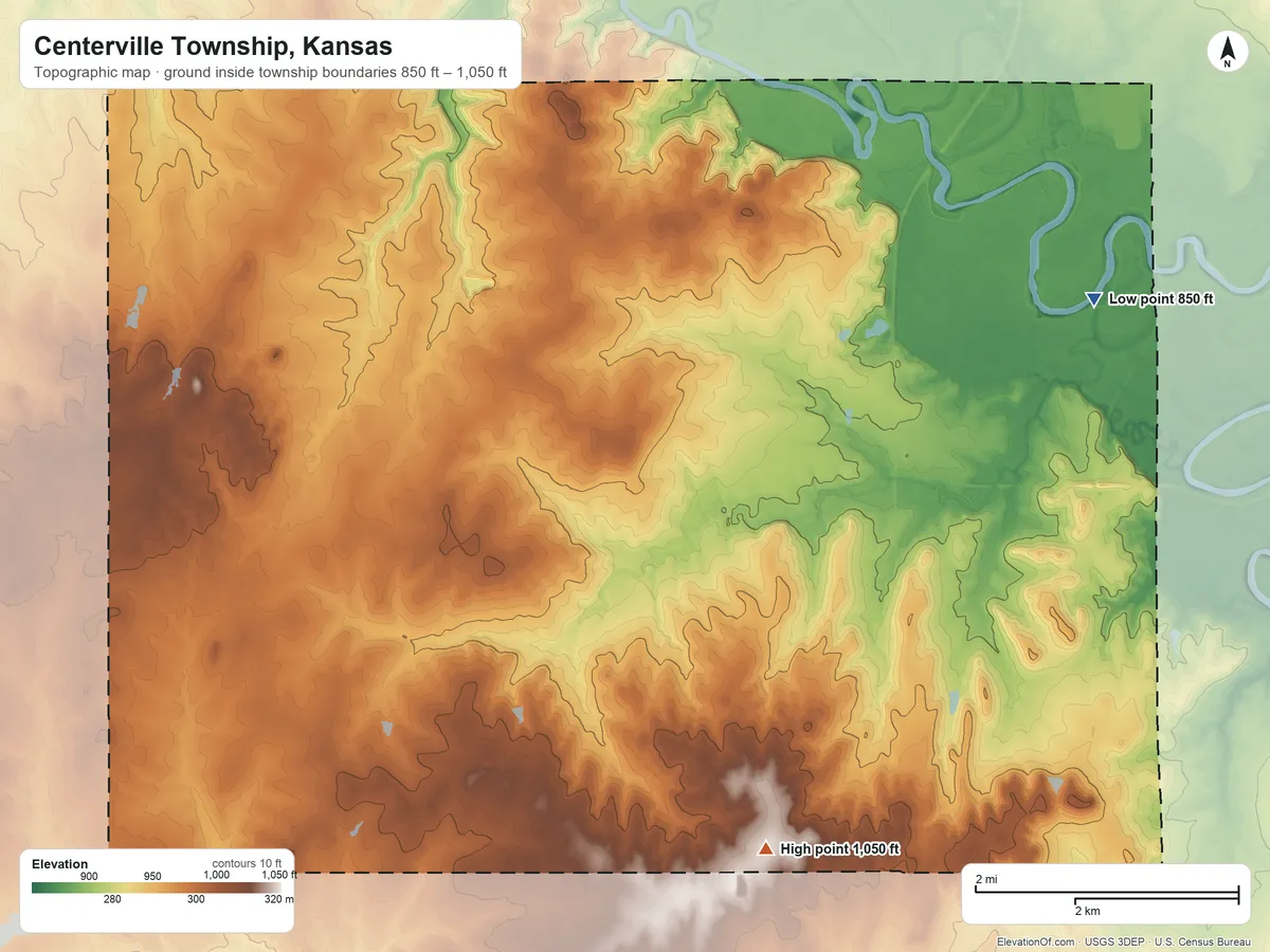 Topographic elevation map of Centerville Township, Kansas, shaded from 850 ft on the northeast side to 1,050 ft on the southeast side