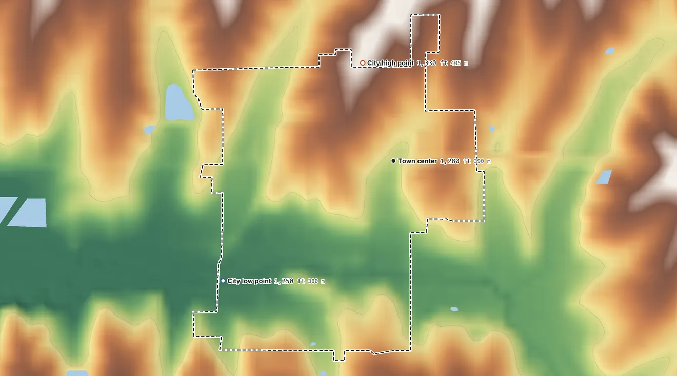 Topographic elevation map of Centralia, Kansas, shaded from 1,250 ft on the southwest side to 1,330 ft on the north side