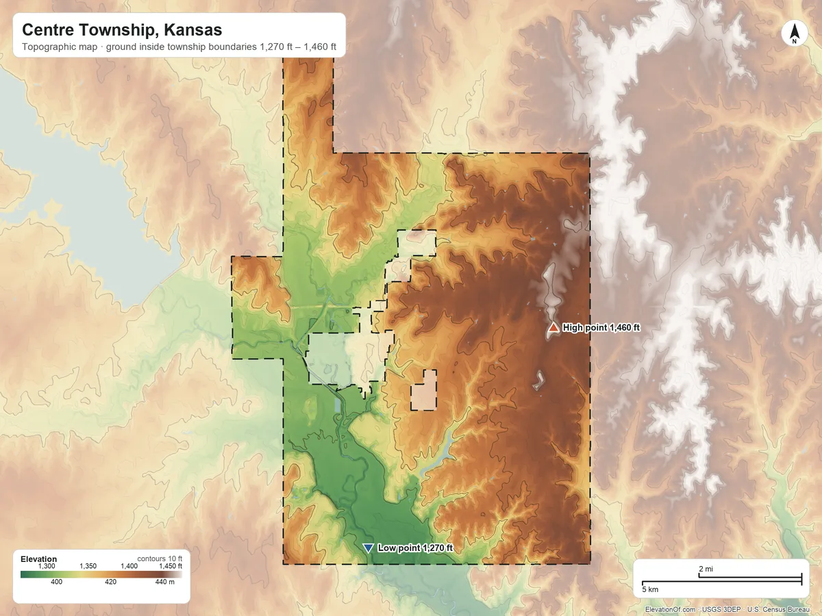 Topographic elevation map of Centre Township, Kansas, shaded from 1,270 ft on the south side to 1,460 ft on the east side