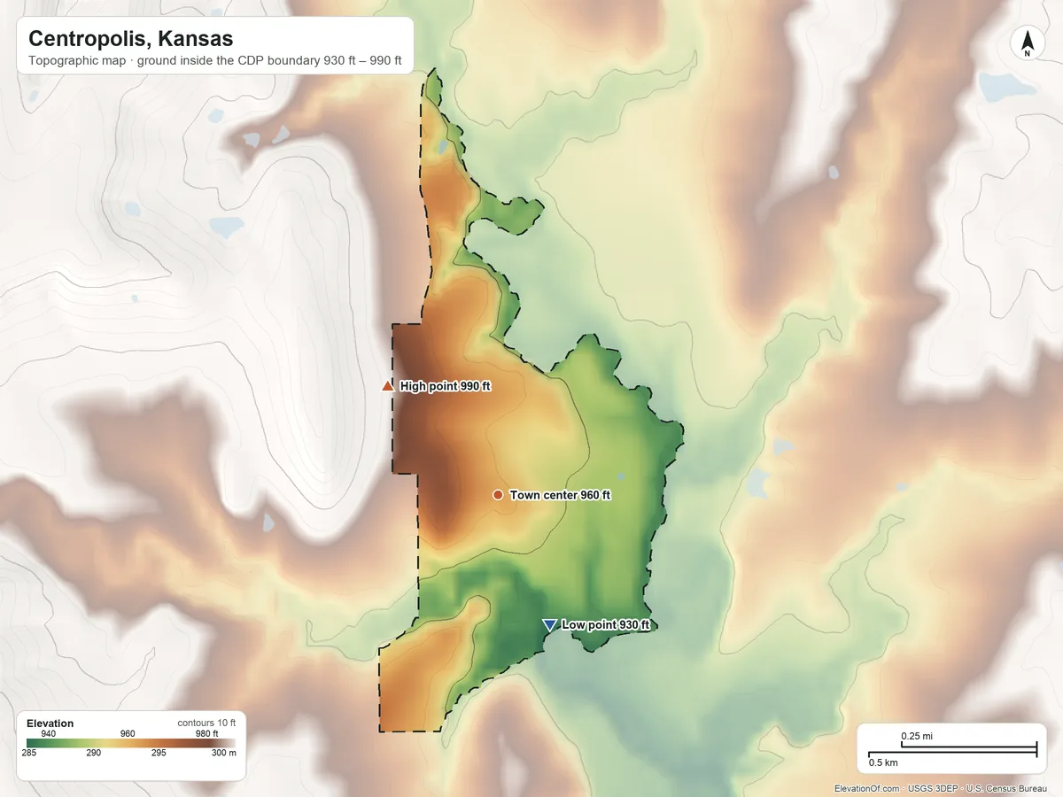 Topographic elevation map of Centropolis, Kansas, shaded from 930 ft on the south side to 990 ft on the northwest side