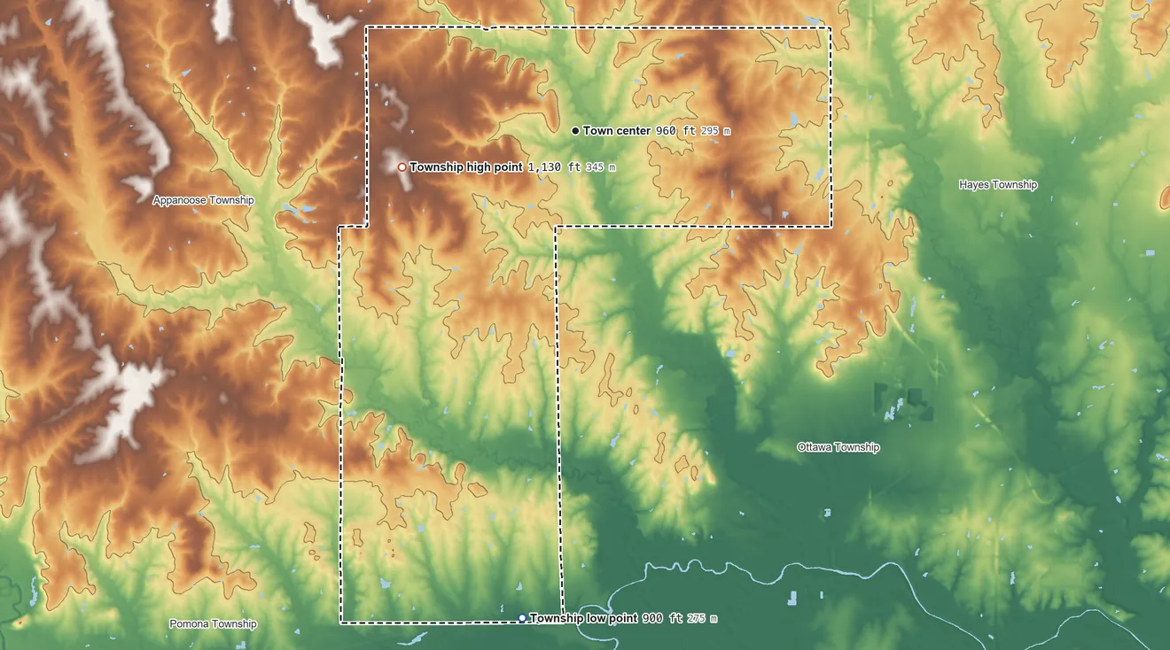 Topographic elevation map of Centropolis Township, Kansas, shaded from 900 ft on the south side to 1,130 ft on the west side