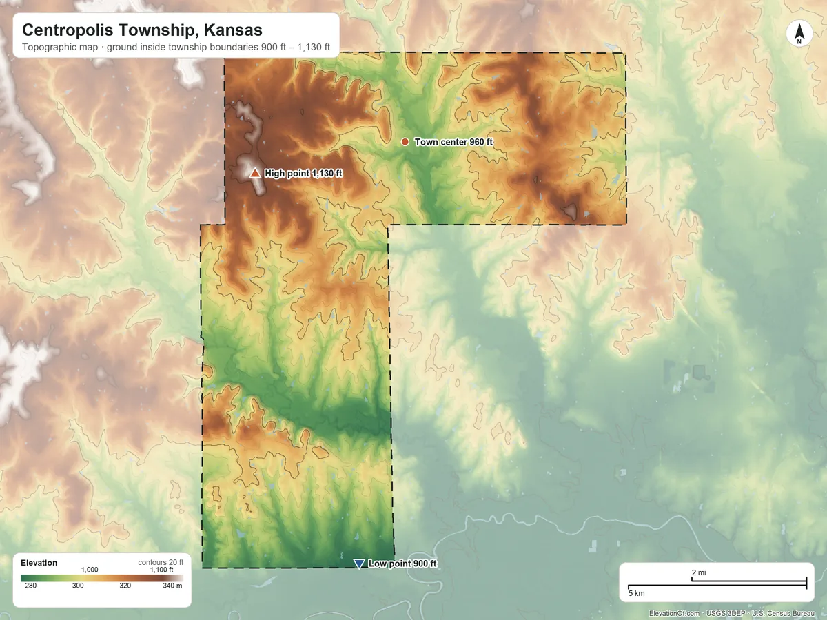 Topographic elevation map of Centropolis Township, Kansas, shaded from 900 ft on the south side to 1,130 ft on the west side