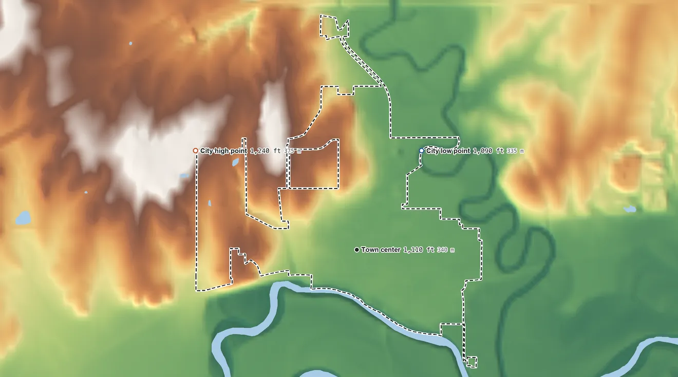 Topographic elevation map of Chapman, Kansas, shaded from 1,090 ft on the northeast side to 1,240 ft on the northwest side