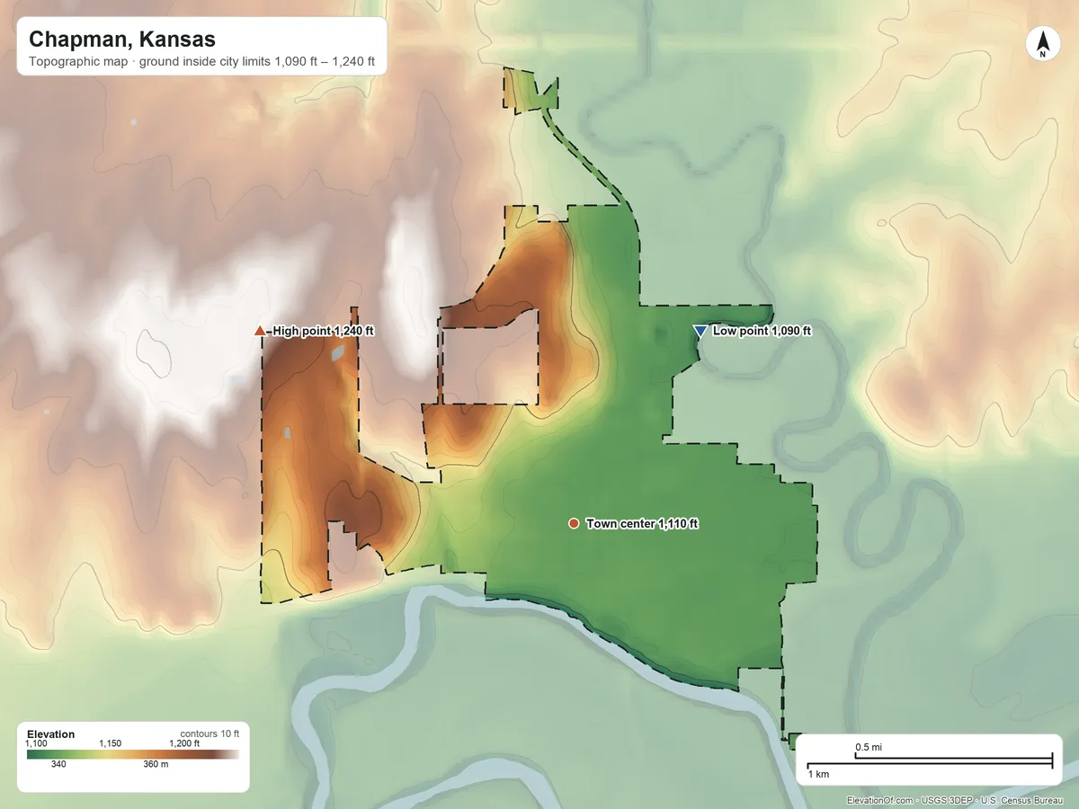 Topographic elevation map of Chapman, Kansas, shaded from 1,090 ft on the northeast side to 1,240 ft on the northwest side