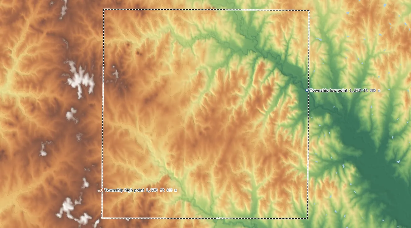 Topographic elevation map of Chapman Township, Kansas, shaded from 1,270 ft on the east side to 1,530 ft on the southwest side