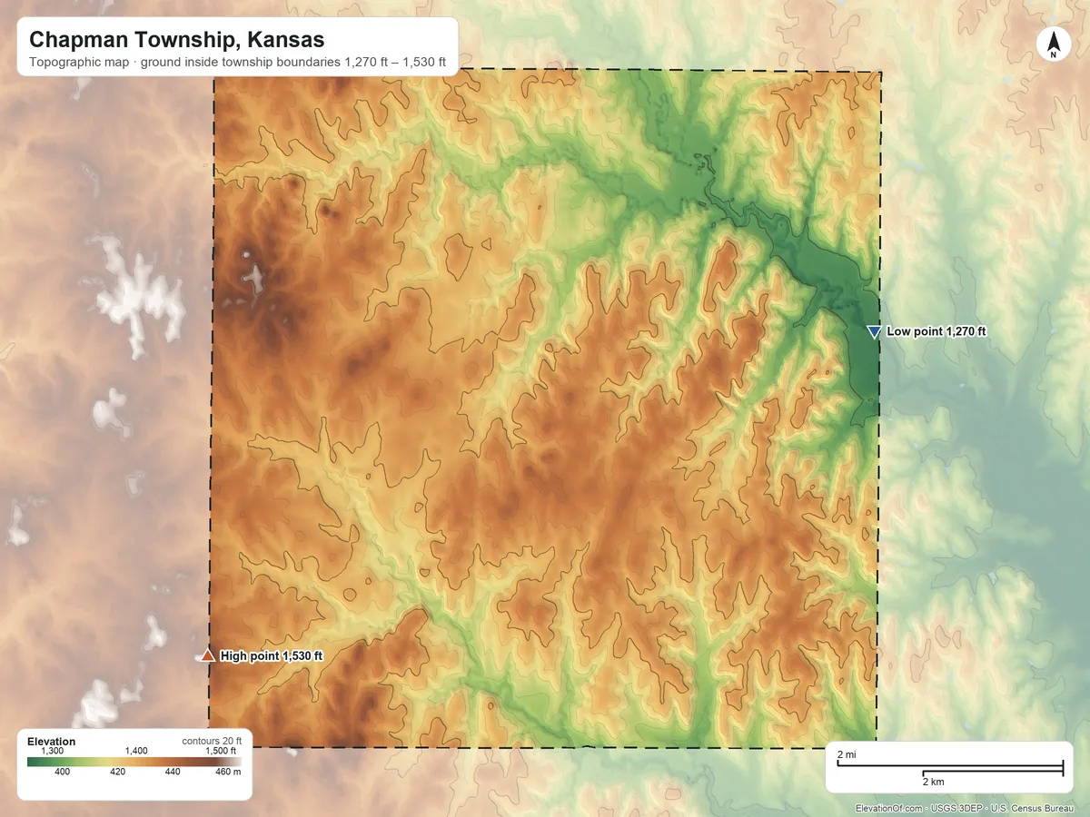 Topographic elevation map of Chapman Township, Kansas, shaded from 1,270 ft on the east side to 1,530 ft on the southwest side