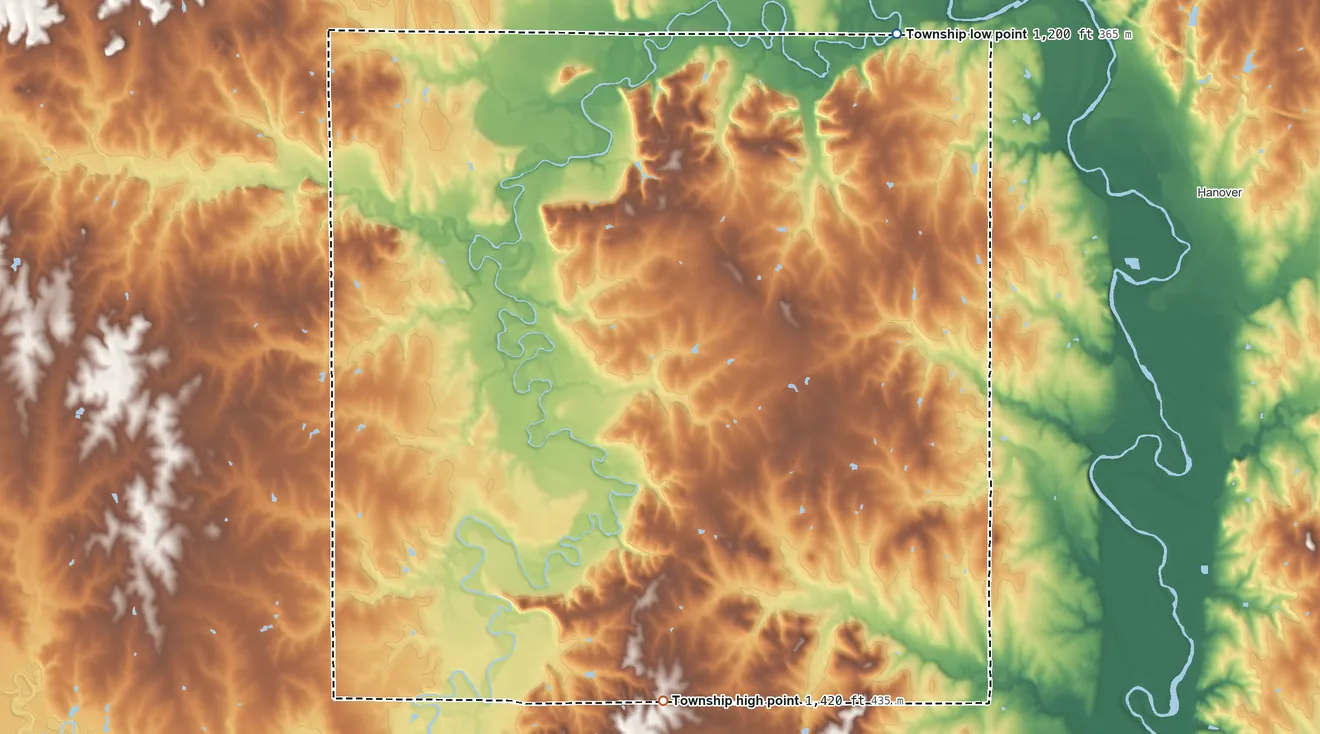 Topographic elevation map of Charleston Township, Kansas, shaded from 1,200 ft on the northeast side to 1,420 ft on the south side