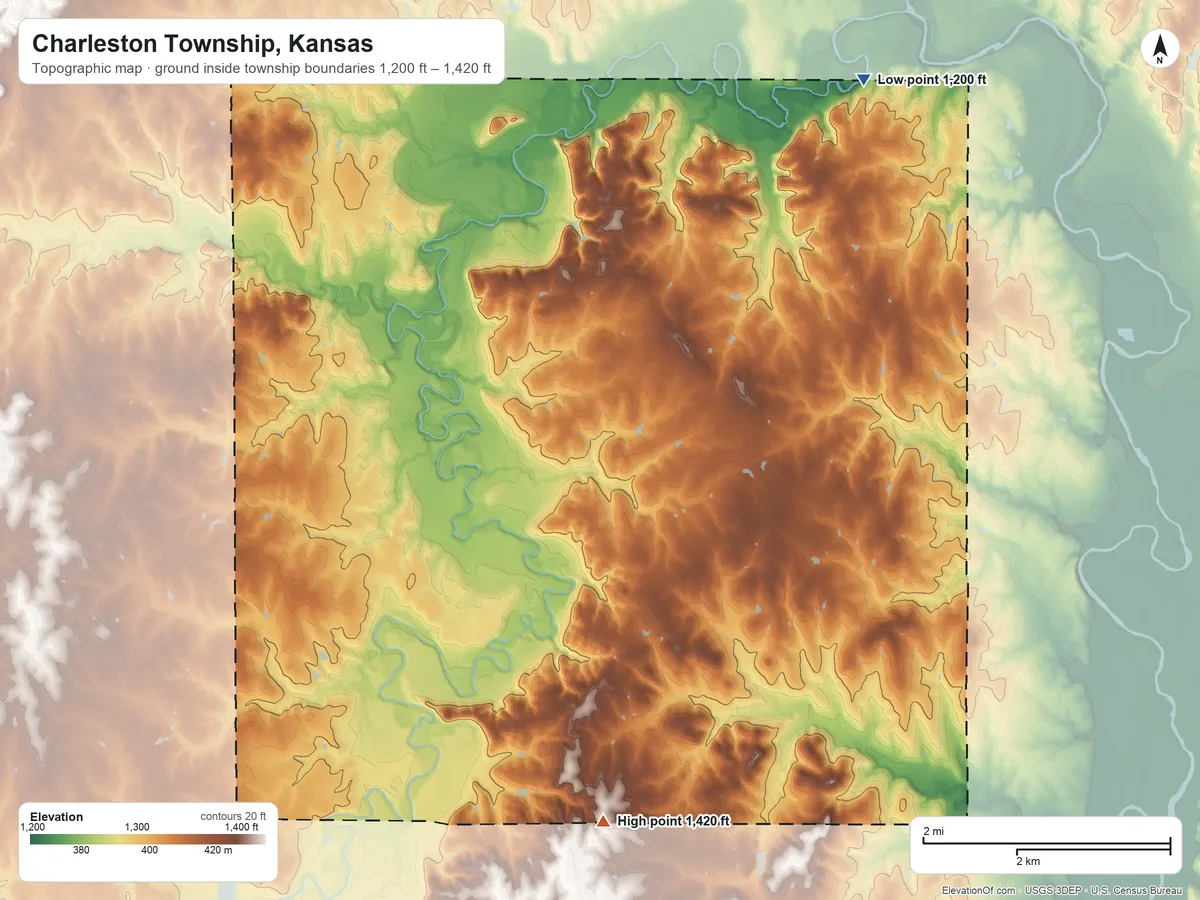 Topographic elevation map of Charleston Township, Kansas, shaded from 1,200 ft on the northeast side to 1,420 ft on the south side