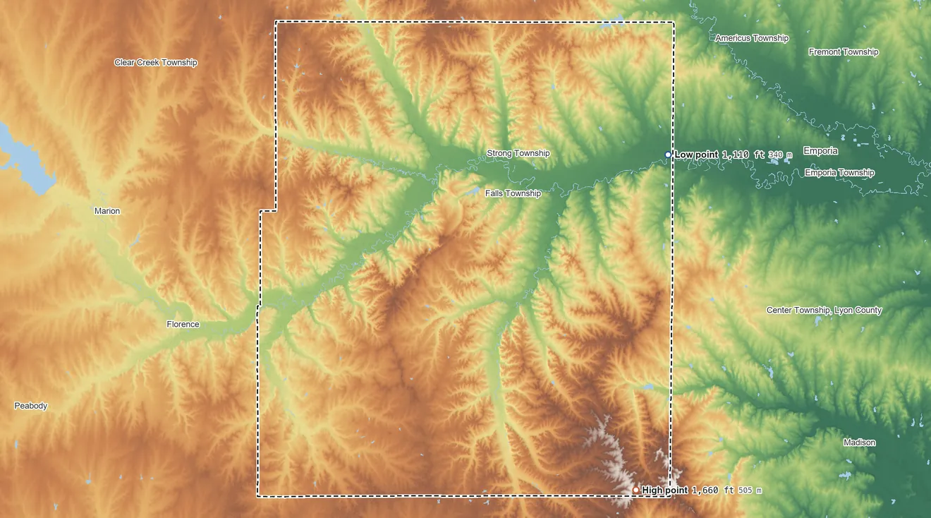Topographic elevation map of Chase County, Kansas, shaded from 1,110 ft on the northeast side to 1,660 ft on the southeast side