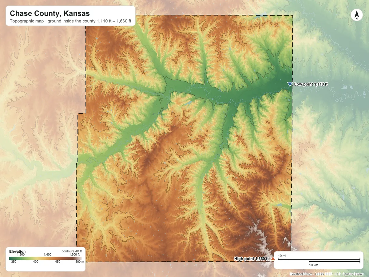 Topographic elevation map of Chase County, Kansas, shaded from 1,110 ft on the northeast side to 1,660 ft on the southeast side