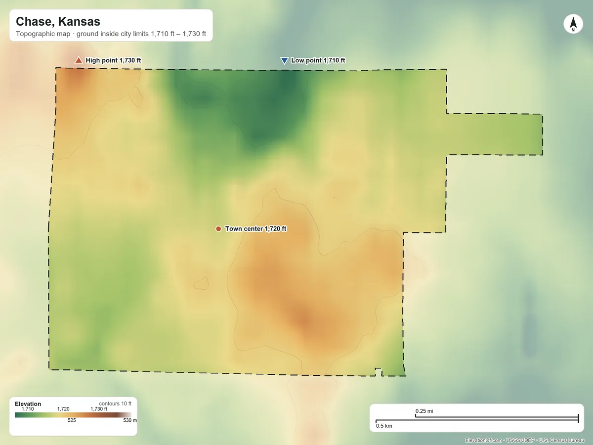 Topographic elevation map of Chase, Kansas, shaded from 1,710 ft on the north side to 1,730 ft on the northwest side