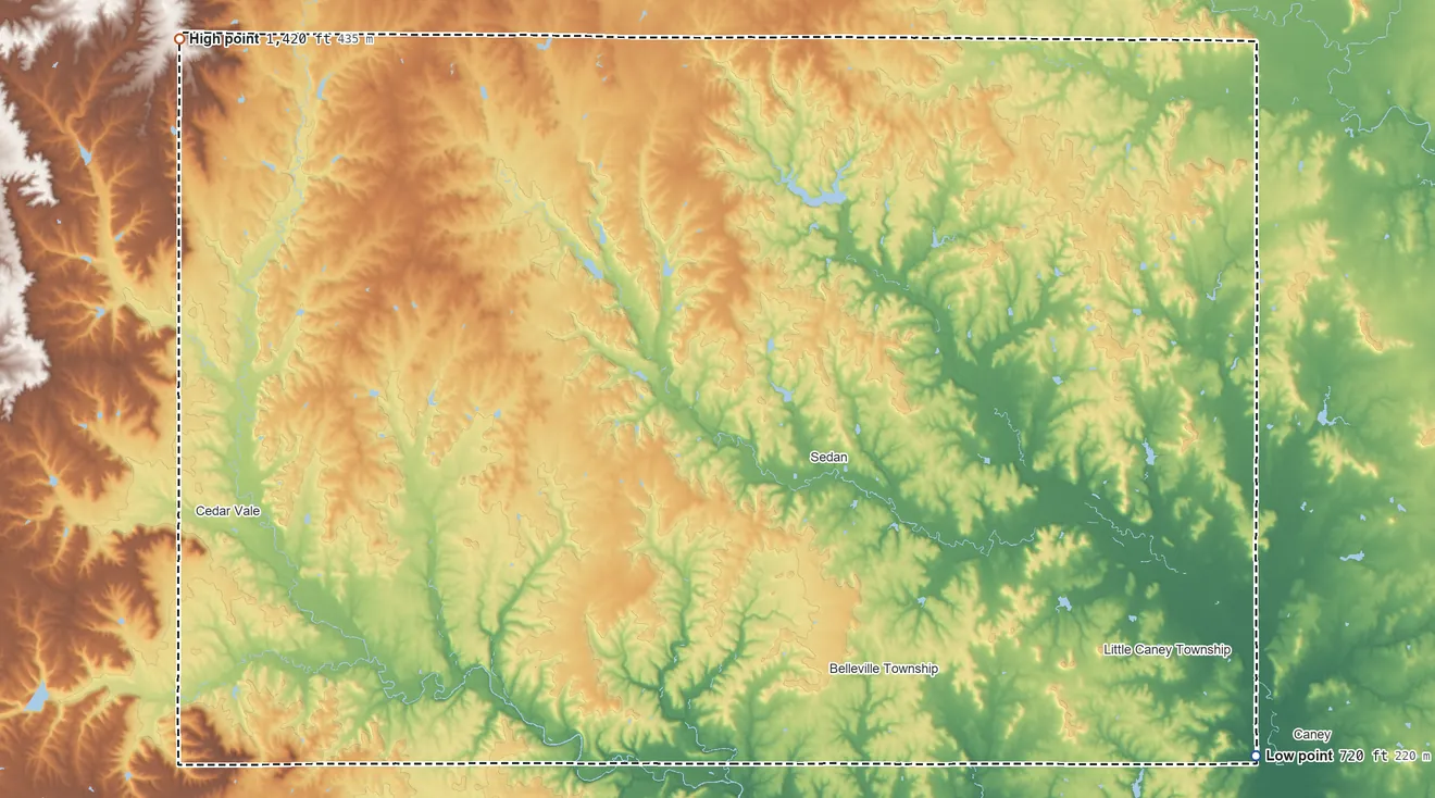 Topographic elevation map of Chautauqua County, Kansas, shaded from 720 ft on the southeast side to 1,420 ft on the northwest side
