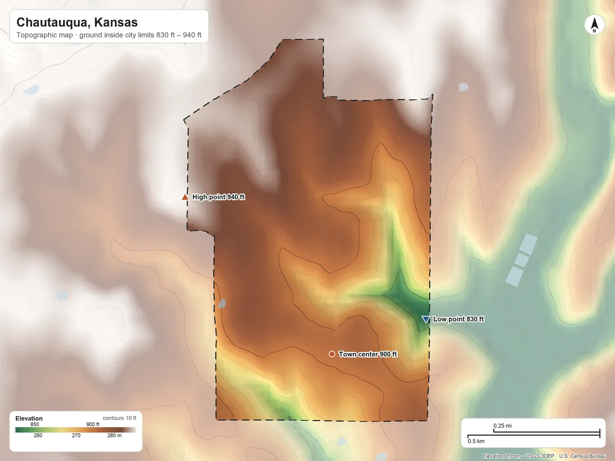 Topographic elevation map of Chautauqua, Kansas, shaded from 830 ft on the east side to 940 ft on the northwest side