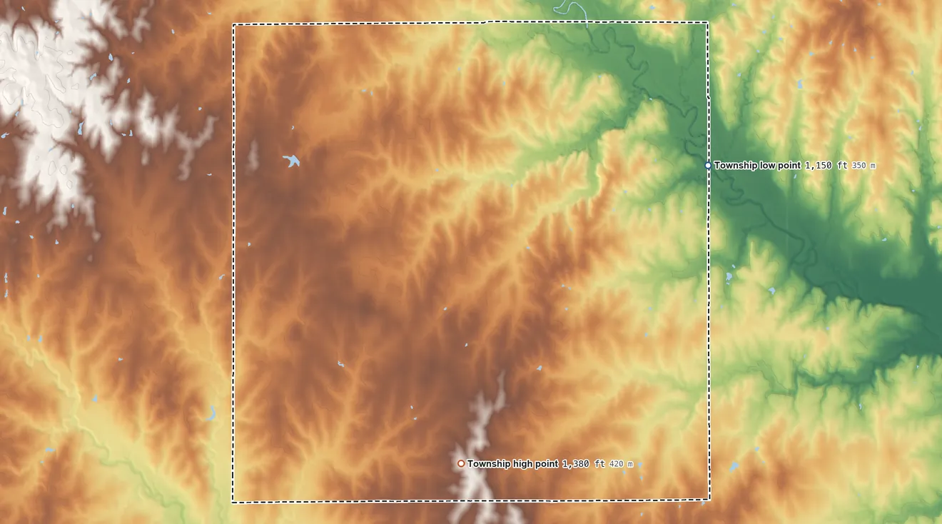 Topographic elevation map of Cheever Township, Kansas, shaded from 1,150 ft on the northeast side to 1,380 ft on the southwest side