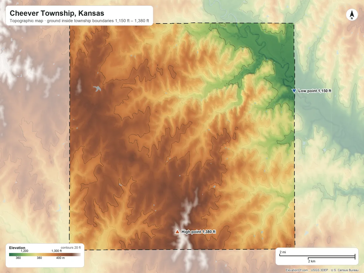 Topographic elevation map of Cheever Township, Kansas, shaded from 1,150 ft on the northeast side to 1,380 ft on the southwest side