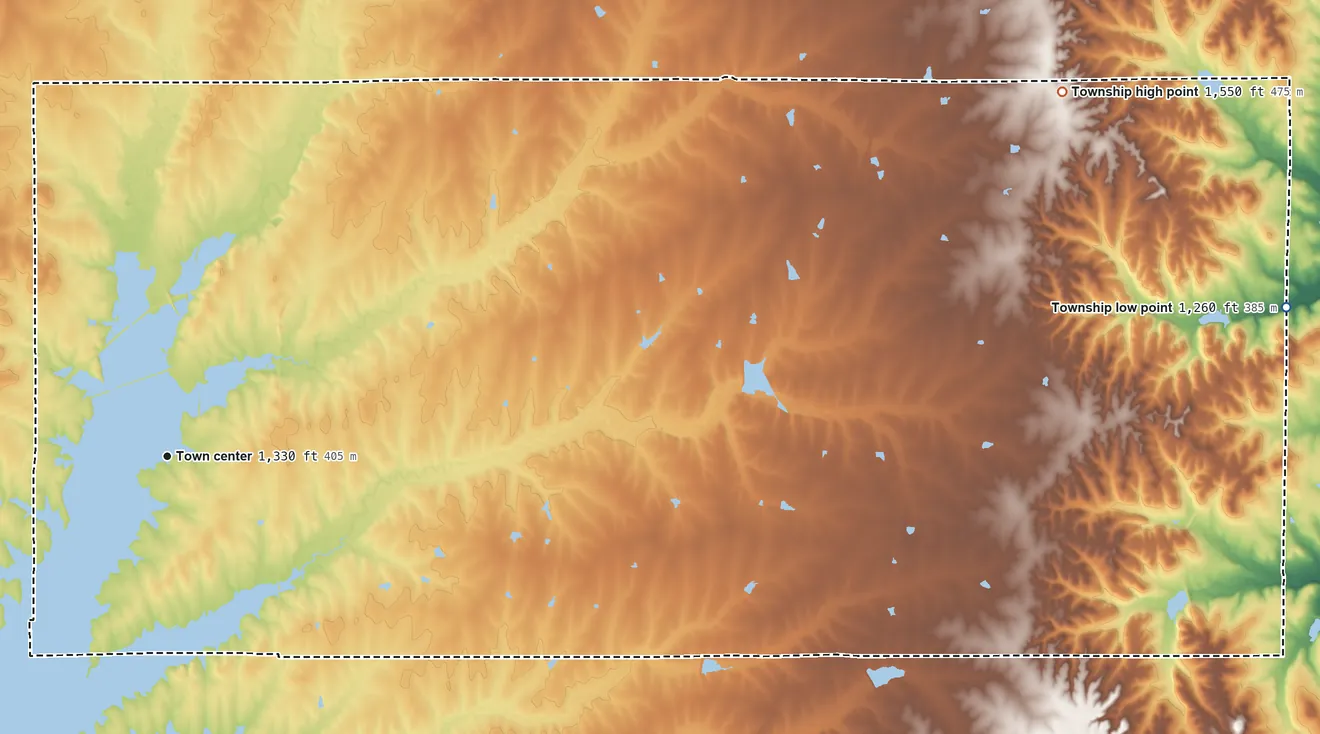 Topographic elevation map of Chelsea Township, Kansas, shaded from 1,260 ft on the east side to 1,550 ft on the east side