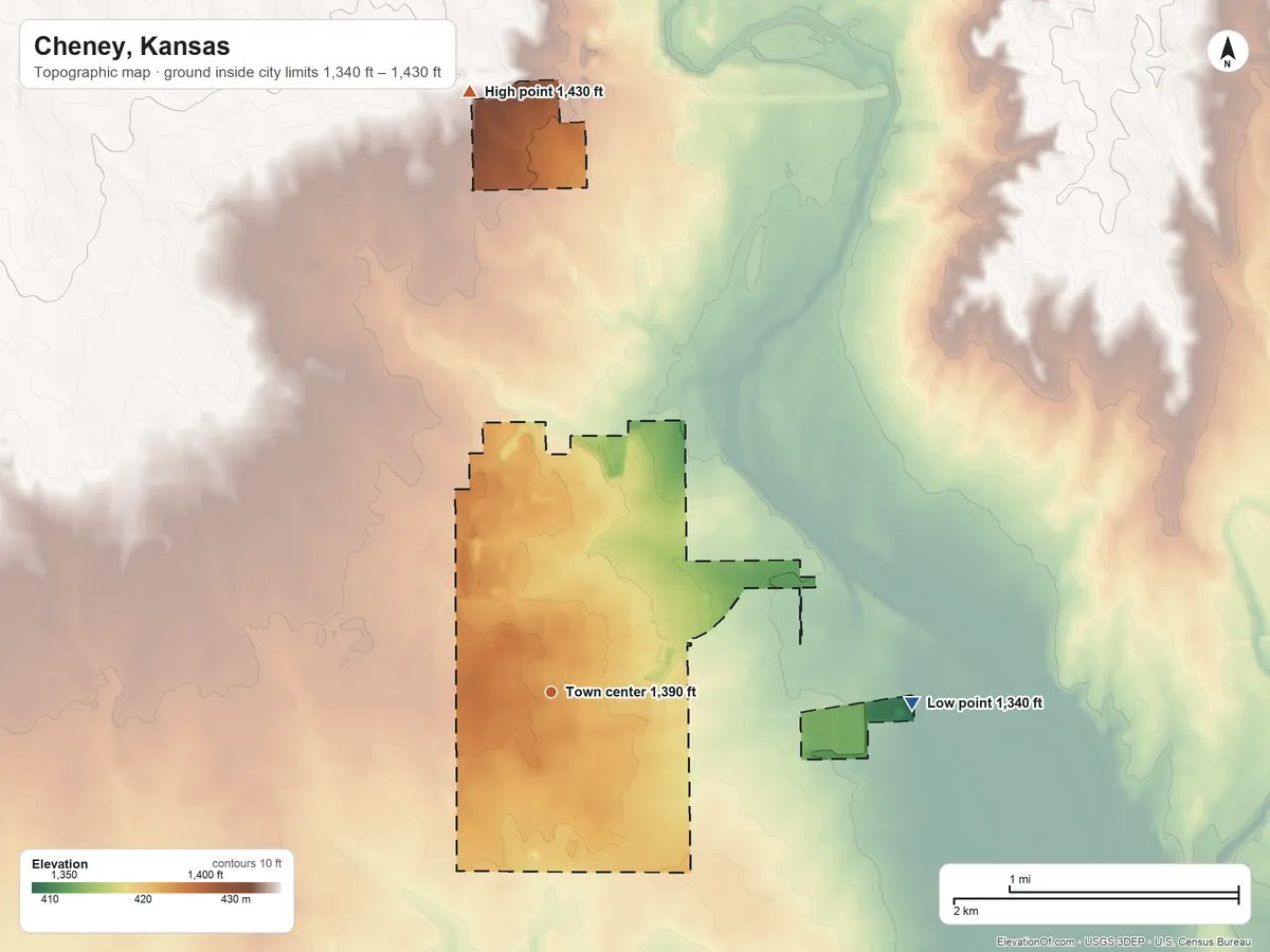 Topographic elevation map of Cheney, Kansas, shaded from 1,340 ft on the east side to 1,430 ft on the north side