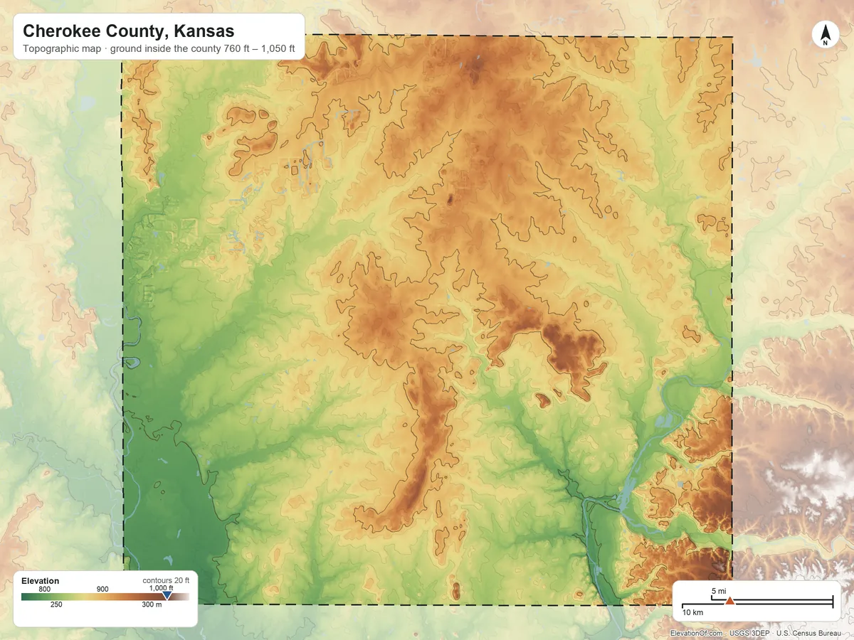 Topographic elevation map of Cherokee County, Kansas, shaded from 760 ft on the southwest side to 1,050 ft on the southeast side