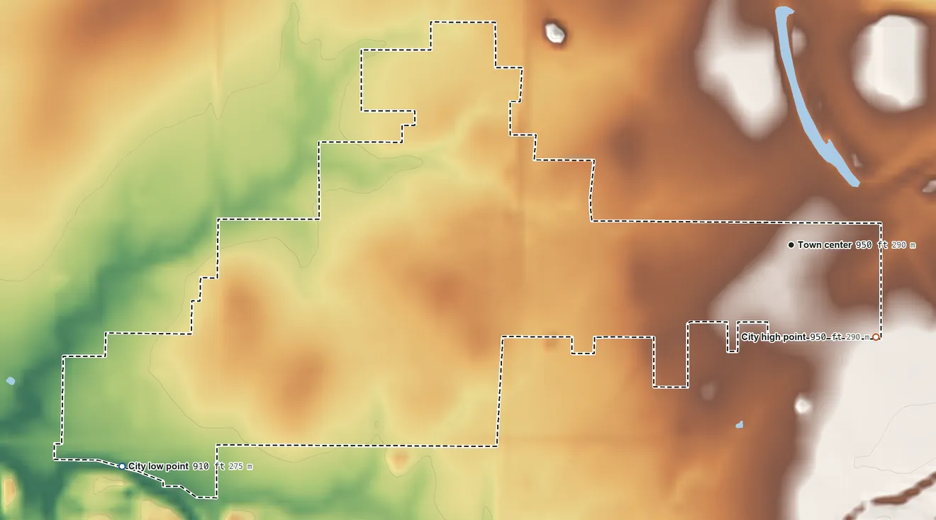 Topographic elevation map of Cherokee, Kansas, shaded from 910 ft on the west side to 950 ft on the southeast side