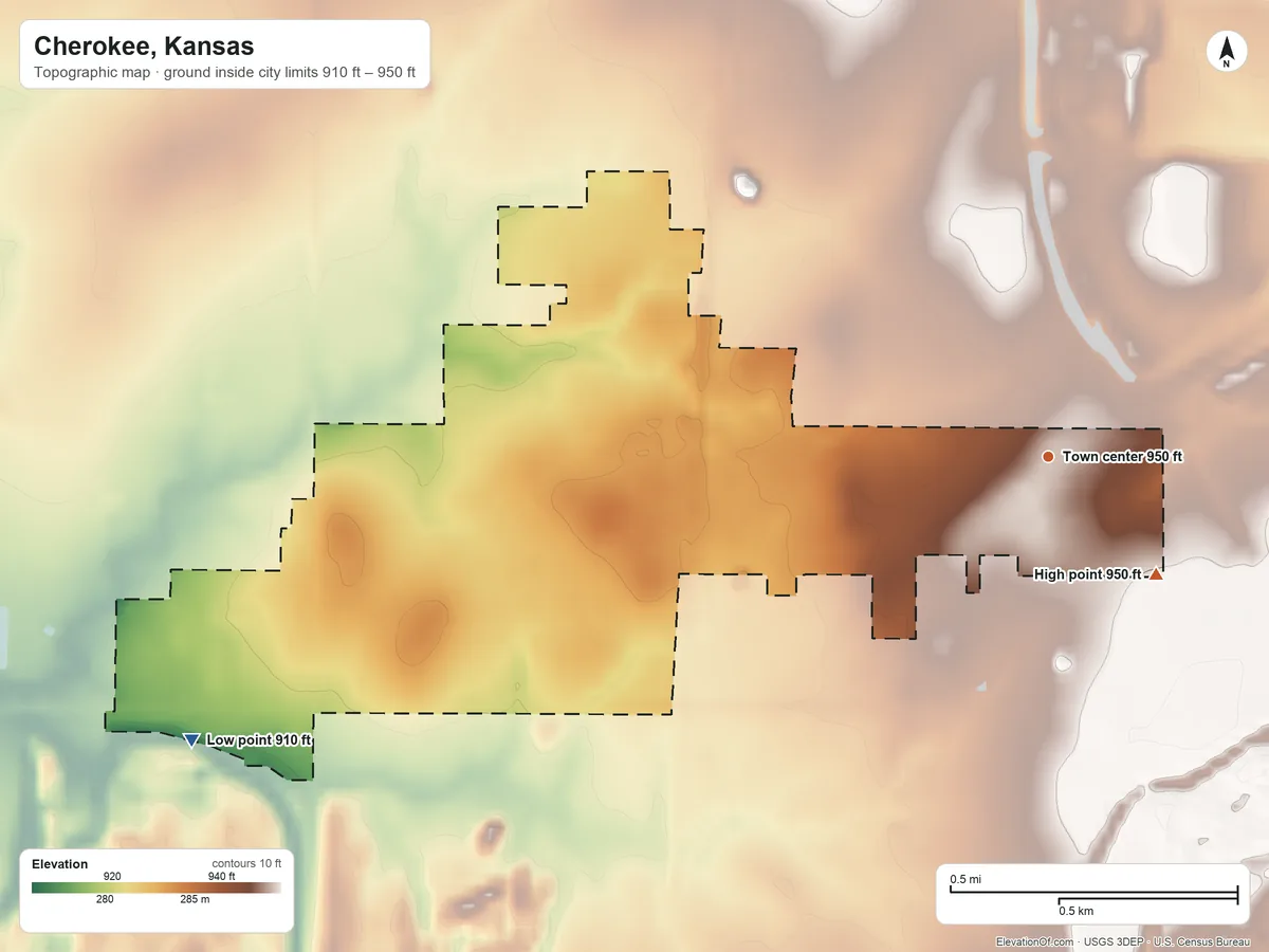 Topographic elevation map of Cherokee, Kansas, shaded from 910 ft on the west side to 950 ft on the southeast side