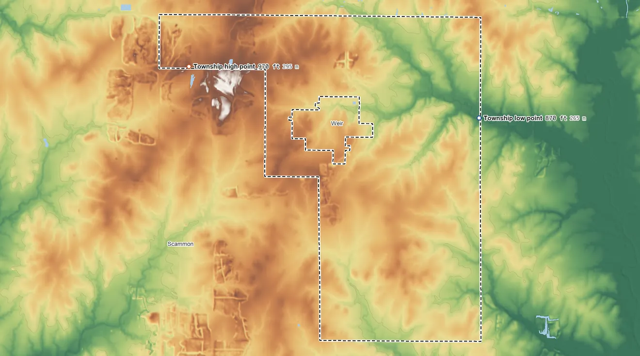 Topographic elevation map of Cherokee Township, Cherokee County, Kansas, shaded from 870 ft on the east side to 970 ft on the west side