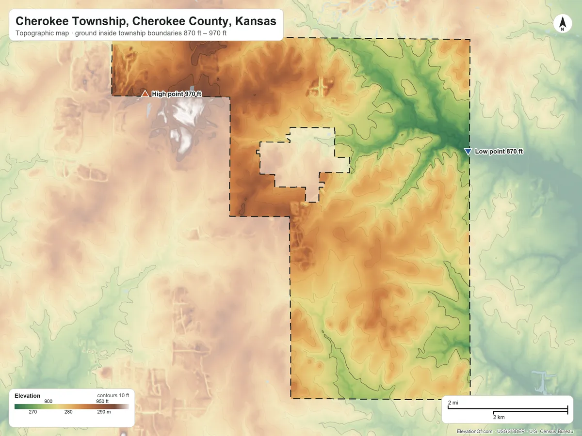 Topographic elevation map of Cherokee Township, Cherokee County, Kansas, shaded from 870 ft on the east side to 970 ft on the west side