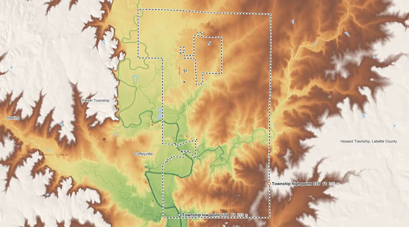 Topographic elevation map of Cherokee Township, Kansas, shaded from 680 ft on the southwest side to 810 ft on the southeast side