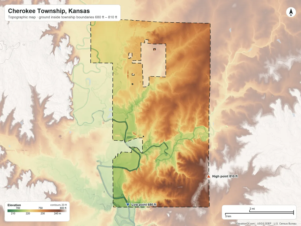 Topographic elevation map of Cherokee Township, Kansas, shaded from 680 ft on the southwest side to 810 ft on the southeast side