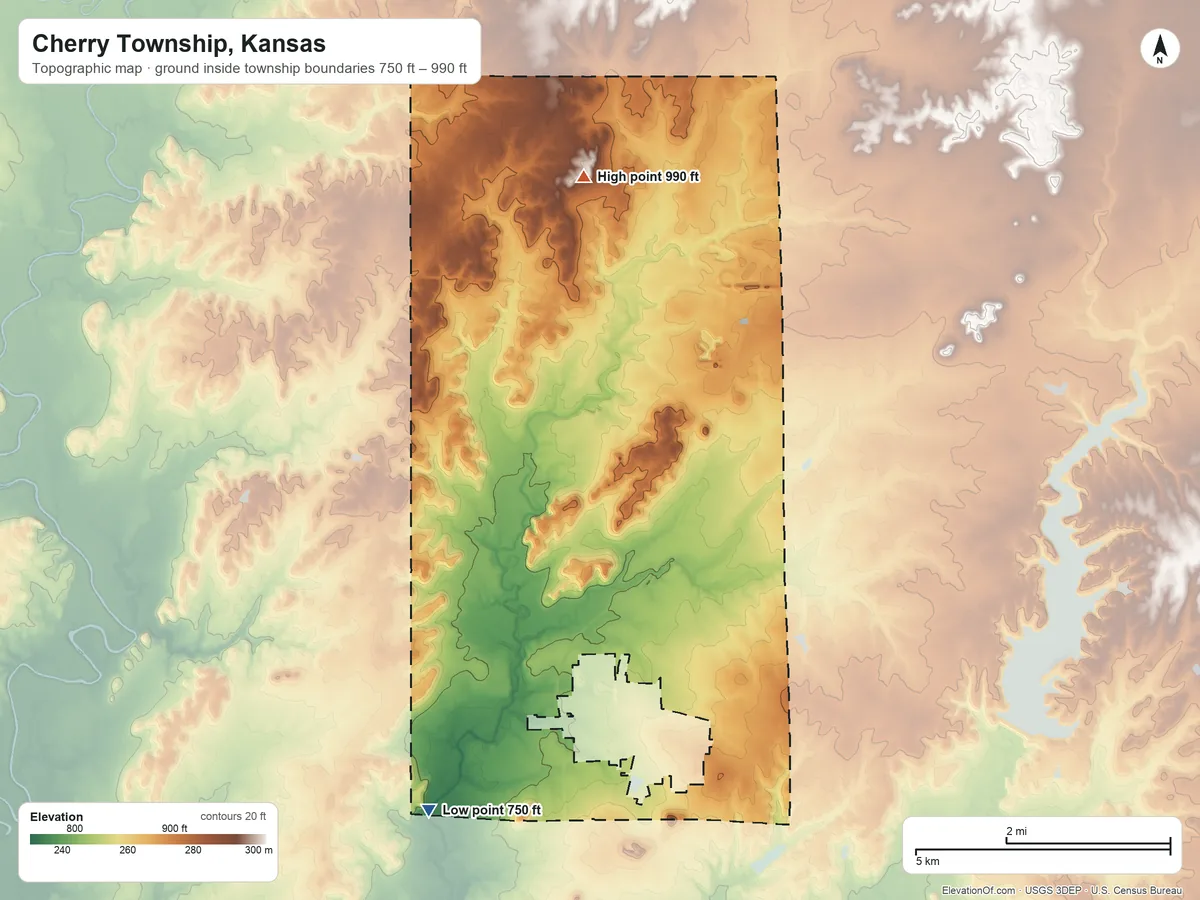 Topographic elevation map of Cherry Township, Kansas, shaded from 750 ft on the southwest side to 990 ft on the north side