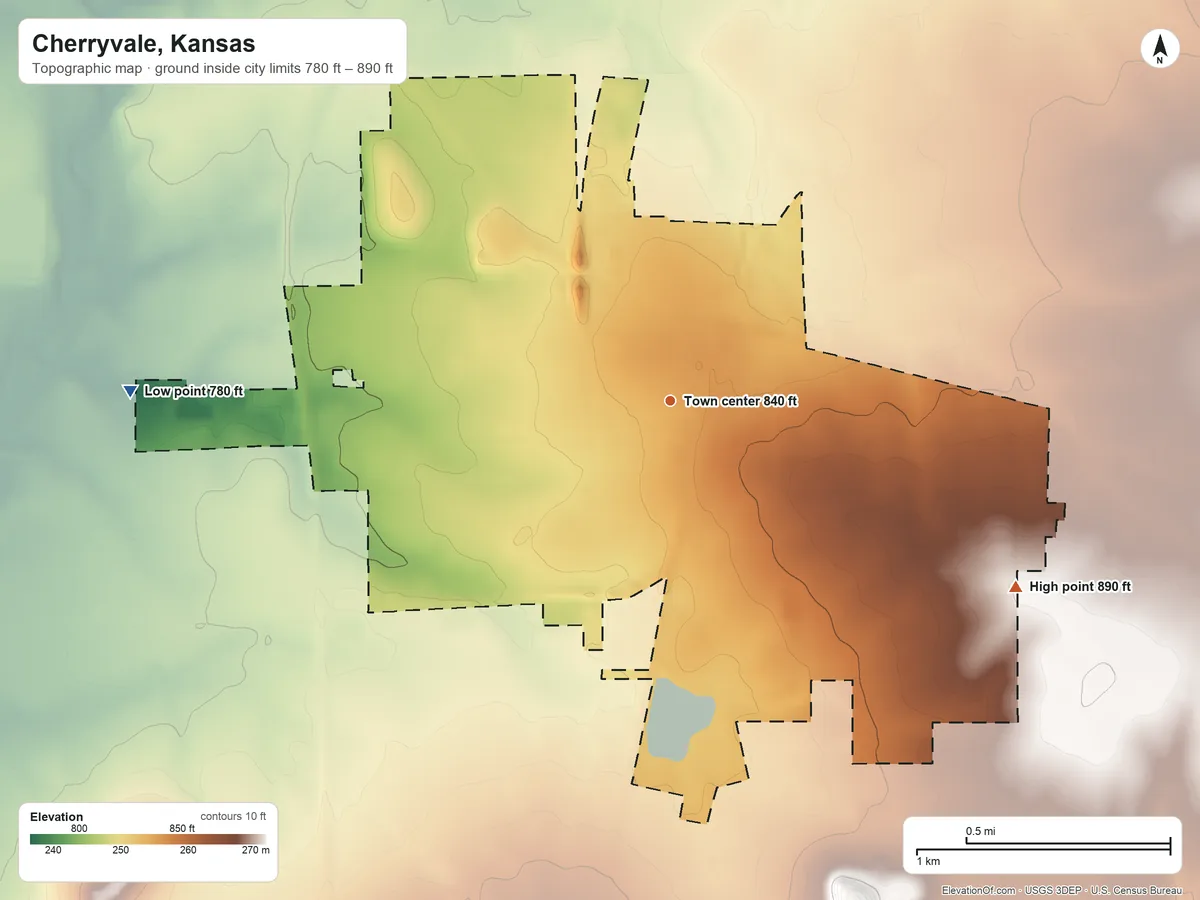 Topographic elevation map of Cherryvale, Kansas, shaded from 780 ft on the west side to 890 ft on the southeast side