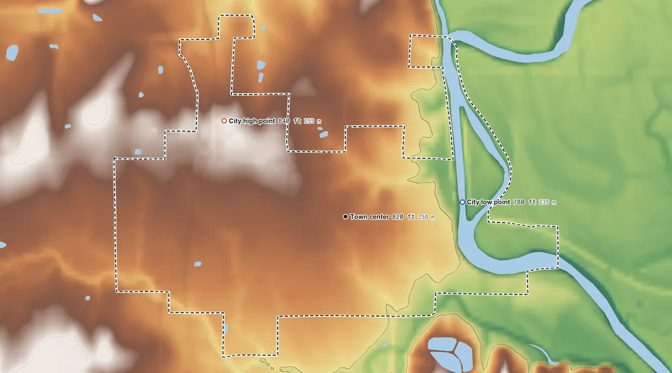 Topographic elevation map of Chetopa, Kansas, shaded from 780 ft on the east side to 840 ft on the northwest side