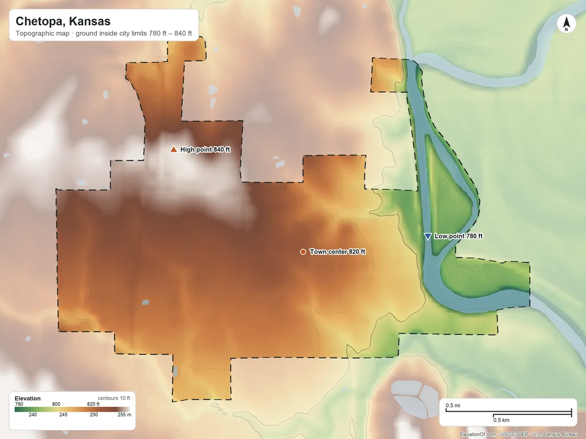 Topographic elevation map of Chetopa, Kansas, shaded from 780 ft on the east side to 840 ft on the northwest side