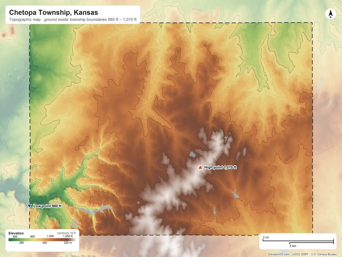 Topographic elevation map of Chetopa Township, Kansas, shaded from 880 ft on the west side to 1,070 ft on the east side