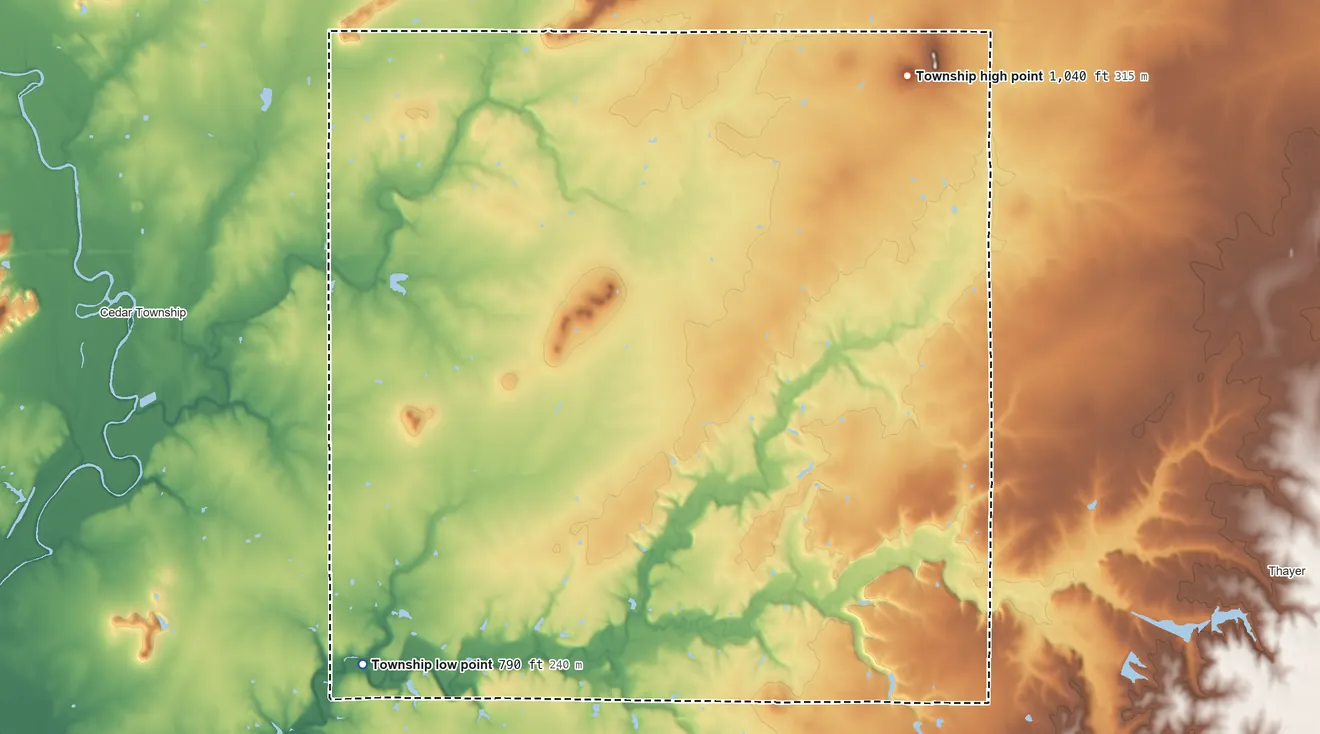 Topographic elevation map of Chetopa Township, Wilson County, Kansas, shaded from 790 ft on the southwest side to 1,040 ft on the northeast side