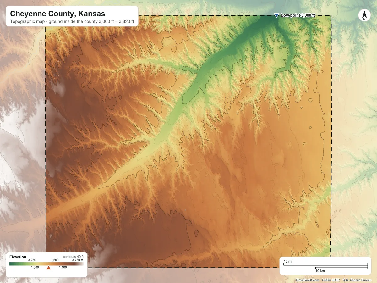 Topographic elevation map of Cheyenne County, Kansas, shaded from 3,000 ft on the northeast side to 3,820 ft on the southwest side