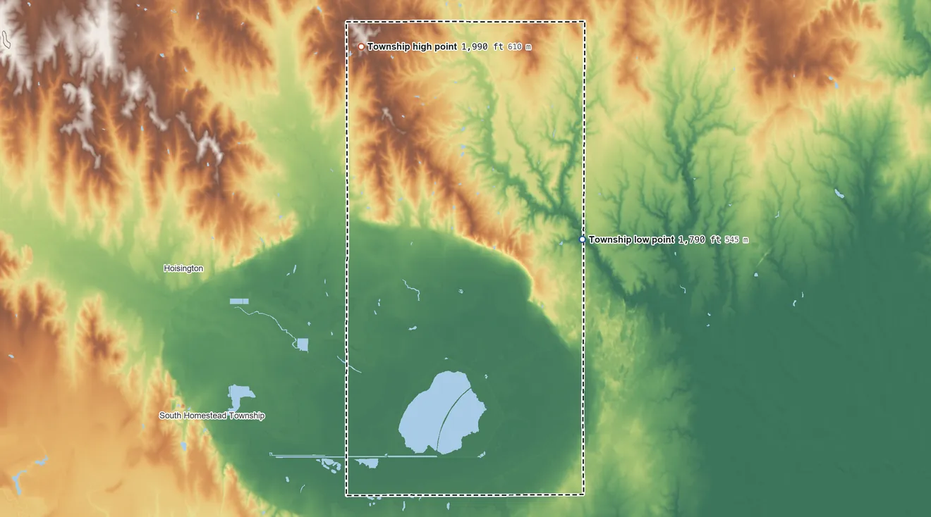 Topographic elevation map of Cheyenne Township, Barton County, Kansas, shaded from 1,790 ft on the southeast side to 1,990 ft on the northwest side