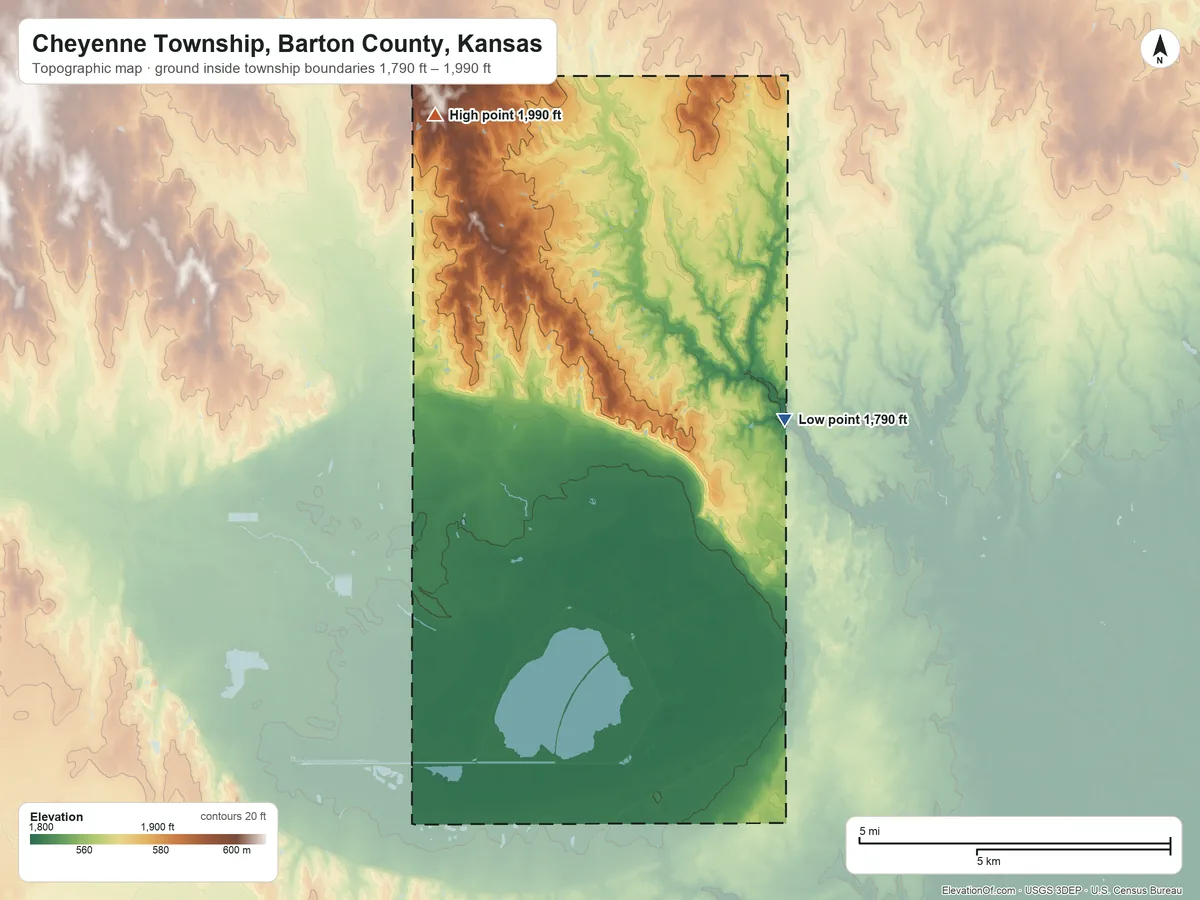 Topographic elevation map of Cheyenne Township, Barton County, Kansas, shaded from 1,790 ft on the southeast side to 1,990 ft on the northwest side
