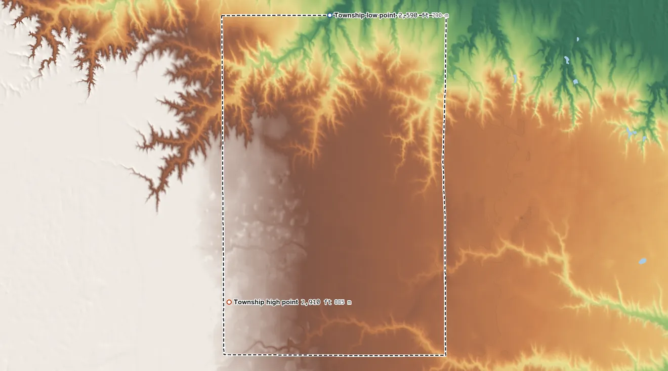 Topographic elevation map of Cheyenne Township, Kansas, shaded from 2,590 ft on the north side to 2,910 ft on the southwest side